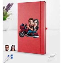 BK Gift Kişiye Özel Sevgililer Karikatürlü Karikatürlü Kırmızı Termo Deri Defter 16X24CM Model 103