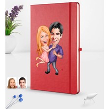 BK Gift Kişiye Özel Sevgililer Karikatürlü Karikatürlü Kırmızı Termo Deri Defter 16X24CM Model 3