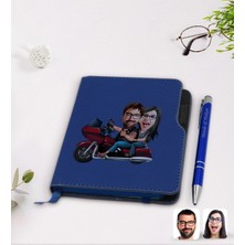 BK Gift Kişiye Özel Sevgililer Karikatürlü Lacivert Termo Deri Defter Kalem SETI-103