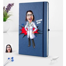 BK Gift Kişiye Özel Kadın Doktor Karikatürlü Lacivert Termo Deri Defter 16X24CM Model 1