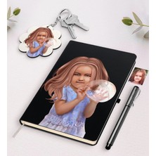 BK Gift Kişiye Özel Kız Çocuk Illüstrasyon Tasarımlı Siyah Defter Kalem ve Anahtarlık Hediye Seti-2