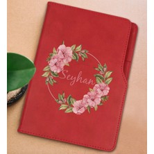 Bk Gift Kişiye Özel Çiçek Tasarımlı Kırmızı Termo Deri Not Defteri 15X21CM-17
