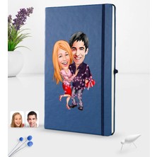 BK Gift Kişiye Özel Sevgililer Karikatürlü Karikatürlü Lacivert Termo Deri Defter 16X24CM Model 2