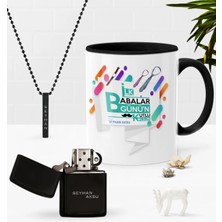 BK Gift Kişiye Özel Ilk Babalar Günün Kutlu Olsun Siyah Kupa Benzinli Çakmak Kolye Seti-6