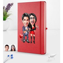 BK Gift Kişiye Özel Sevgililer Karikatürlü Karikatürlü Kırmızı Termo Deri Defter 16X24CM Model 1