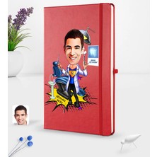 BK Gift Kişiye Özel Erkek Diş Hekimi Karikatürlü Kırmızı Termo Deri Defter 16X24CM Model 1
