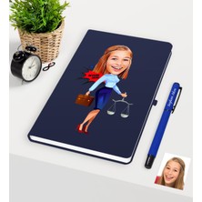 BK Gift Kişiye Özel Bayan Avukat Karikatürlü Lacivert Defter Kalem Seti - 3