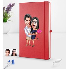 BK Gift Kişiye Özel Sevgililer Karikatürlü Karikatürlü Kırmızı Termo Deri Defter 16X24CM Model 108
