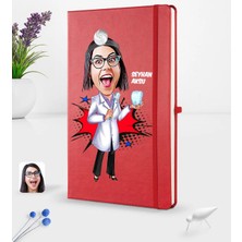 BK Gift Kişiye Özel Kadın Diş Hekimi Karikatürlü Kırmızı Termo Deri Defter 16X24CM Model 2