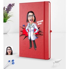 BK Gift Kişiye Özel Kadın Doktor Karikatürlü Kırmızı Termo Deri Defter 16X24CM Model 1