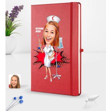 BK Gift Kişiye Özel Kadın Hemşire Karikatürlü Kırmızı Termo Deri Defter 16X24CM Model 2