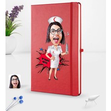 BK Gift Kişiye Özel Kadın Hemşire Karikatürlü Kırmızı Termo Deri Defter 16X24CM Model 1