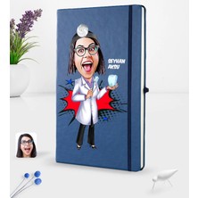 BK Gift Kişiye Özel Kadın Diş Hekimi Karikatürlü Lacivert Termo Deri Defter 16X24CM Model 2