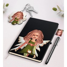 BK Gift Kişiye Özel Kız Çocuk Peri Karikatürlü Siyah Defter Kalem ve Anahtarlık Hediye Seti-1