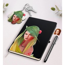 BK Gift Kişiye Özel Kadın Soyut Karikatürlü Siyah Defter Kalem ve Anahtarlık Hediye Seti-28