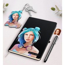 BK Gift Kişiye Özel Kadın Soyut Karikatürlü Siyah Defter Kalem ve Anahtarlık Hediye Seti-23