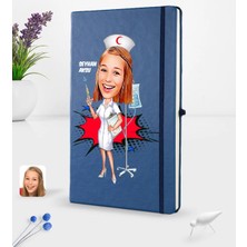 BK Gift Kişiye Özel Hemşire Karikatürlü Lacivert Termo Deri Defter 16X24CM Model 2