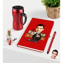 BK Gift Kişiye Özel Bay Avukat Karikatürlü Kırmızı Defter Kalem ve Termos Mug Seti  - 2