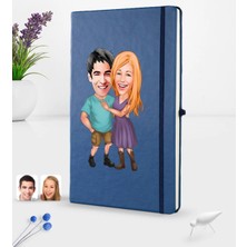 BK Gift Kişiye Özel Sevgililer Karikatürlü Karikatürlü Lacivert Termo Deri Defter 16X24CM Model 80