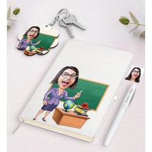 BK Gift Kişiye Özel Bayan Öğretmen Karikatürlü Beyaz Defter Kalem ve Anahtarlık Hediye Seti-1