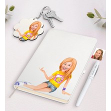 BK Gift Kişiye Özel Bayan Karikatürlü Beyaz Defter Kalem ve Anahtarlık Hediye Seti-42