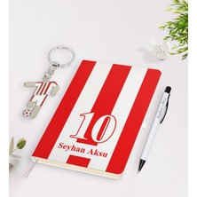 BK Gift Kişiye Özel Kırmızı-Beyaz Tasarımlı Isimli Defter Kalem ve Formalı Metal Anahtarlık Model 1