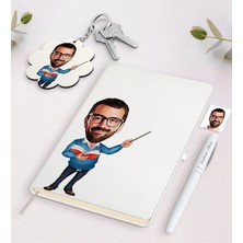 BK Gift Kişiye Özel Erkek Öğretmen Karikatürlü Beyaz Defter Kalem ve Anahtarlık Hediye Seti-4