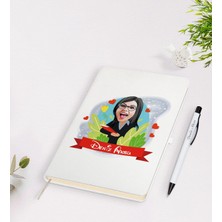 Bk Gift Kişiye Özel Öğretmen Karikatürlü Beyaz Defter Kalem Seti - 7