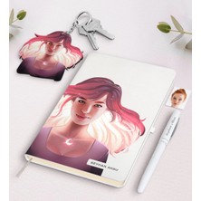 BK Gift Kişiye Özel Kadın Soyut Karikatürlü Beyaz Defter Kalem ve Anahtarlık Hediye Seti-13
