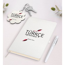 BK Gift Kişiye Özel Türkçe Öğretmeni Beyaz Defter Kalem ve Anahtarlık Hediye Seti-2