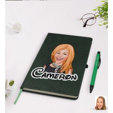BK Gift Kişiye Özel Kadın Karikatürlü Yeşil Termo Deri Defter Kalem Seti Model 75