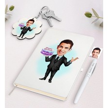 BK Gift Kişiye Özel Erkek Doğum Günü Karikatürlü Beyaz Defter Kalem ve Anahtarlık Hediye Seti-1