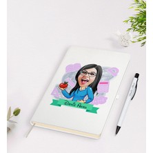 Bk Gift Kişiye Özel Öğretmen Karikatürlü Beyaz Defter Kalem Seti - 5