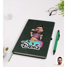 BK Gift Kişiye Özel Erkek Karikatürlü Yeşil Termo Deri Defter Kalem Seti Model 2