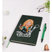 BK Gift Kişiye Özel Kadın Kuaför Karikatürlü Yeşil Termo Deri Defter Kalem Seti Model 1
