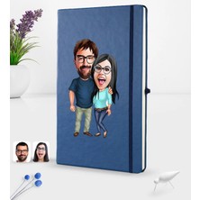 BK Gift Kişiye Özel Sevgililer Karikatürlü Karikatürlü Lacivert Termo Deri Defter 16X24CM Model 109