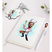 BK Gift Kişiye Özel Erkek Chef Karikatürlü Beyaz Defter Kalem ve Anahtarlık Hediye Seti