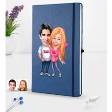 BK Gift Kişiye Özel Sevgililer Karikatürlü Karikatürlü Lacivert Termo Deri Defter 16X24CM Model 5