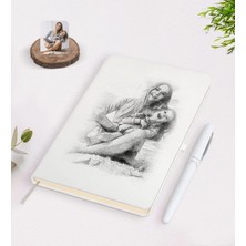 BK Gift Kişiye Özel Sevgililer Günü Karakalem Tasarımlı Beyaz Defter Kalem Seti-2