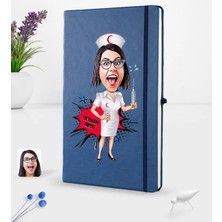 BK Gift Kişiye Özel Hemşire Karikatürlü Lacivert Termo Deri Defter 16X24CM Model 1