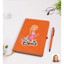BK Gift Kişiye Özel Kadın Patron Karikatürlü Turuncu Termo Deri Defter Kalem Seti Model 7