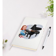 Bk Gift Kişiye Özel Müzik Öğretmeni Karikatürlü Beyaz Defter Kalem Seti - 2