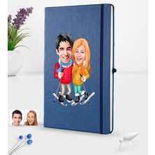 BK Gift Kişiye Özel Sevgililer Karikatürlü Karikatürlü Lacivert Termo Deri Defter 16X24CM Model 107