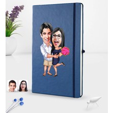 BK Gift Kişiye Özel Sevgililer Karikatürlü Karikatürlü Lacivert Termo Deri Defter 16X24CM Model 108
