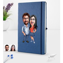 BK Gift Kişiye Özel Sevgililer Karikatürlü Karikatürlü Lacivert Termo Deri Defter 16X24CM Model 105