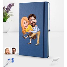 BK Gift Kişiye Özel Sevgililer Karikatürlü Karikatürlü Lacivert Termo Deri Defter 16X24CM Model 102