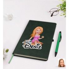 BK Gift Kişiye Özel Kadın Patron Karikatürlü Yeşil Termo Deri Defter Kalem Seti Model 7