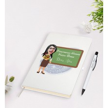 Bk Gift Kişiye Özel Öğretmen Karikatürlü Beyaz Defter Kalem Seti - 1