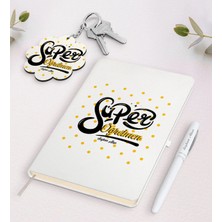 BK Gift Kişiye Özel Süper Öğretmen Beyaz Defter Kalem ve Anahtarlık Hediye Seti