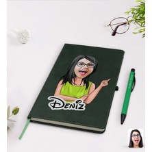 BK Gift Kişiye Özel Kadın Karikatürlü Yeşil Termo Deri Defter Kalem Seti Model 19